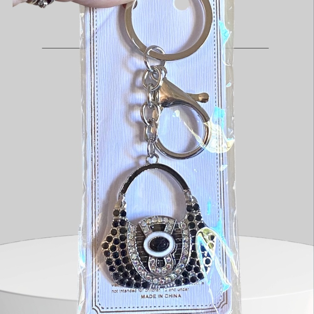 5/$25 Silver and Black purse shaped Keychain or bag charm with crystals new